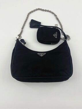 Prada Black Nylon Shoulder Bag with Silver Chain and Coin Pouch